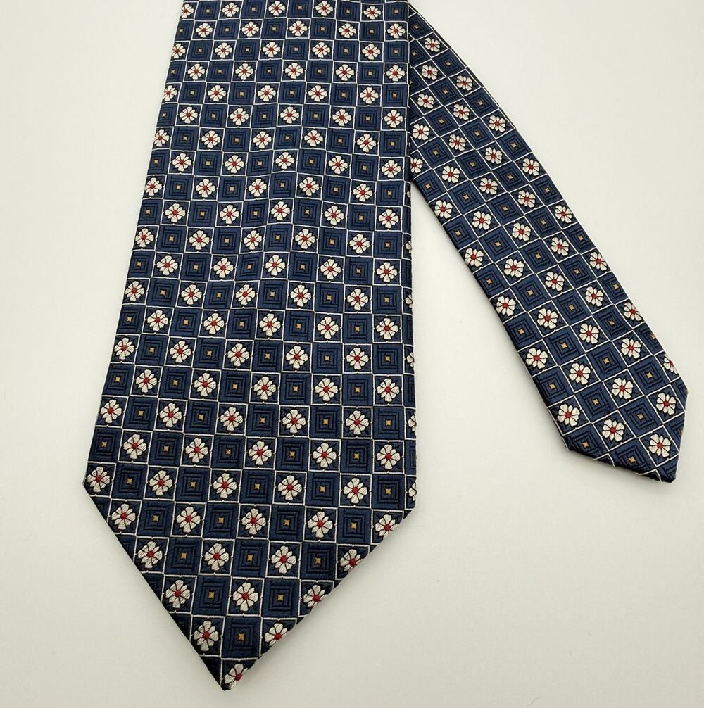 Jos. A. Bank Silk Necktie Mens Navy Blue Geometric Medallion Floral Mosaic 58"